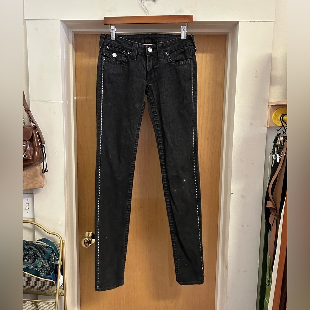 Y2K True Religion Disco Julie Black Crystal Skinny Low Rise Jeans - size 27